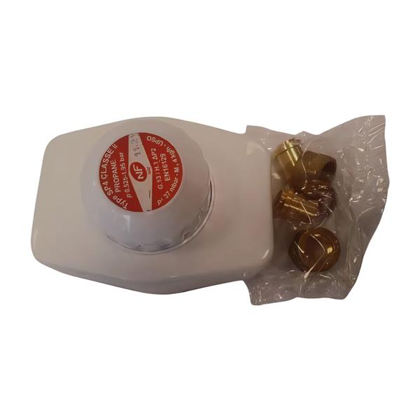 Drückregler met kraan en veiligheid, 37mbar, 4kg/h, In+outlet: diam. 12 mm to be weld + connection 20/150M (2x) + possibility to connect hose nipple